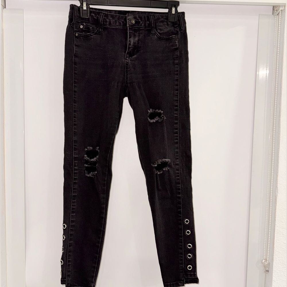 Edgy Black Distressed Skinny Jeans with Side Grommet Detailing small to medium